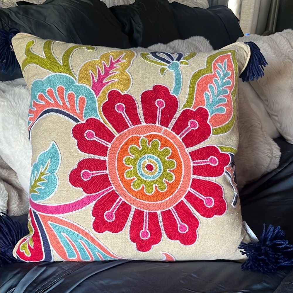 Levtex Red and Orange Accent Pillow with Floral Design